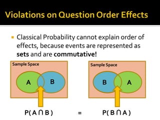  Classical Probability cannot explain order of
effects, because events are represented as
sets and are commutative!
Sample Space Sample Space
A B
P( A ∩ B ) = P( B ∩ A )
B A
 