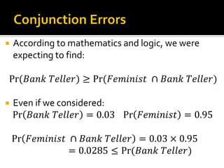  According to mathematics and logic, we were
expecting to find:
Pr⁡( 𝐵𝑎𝑛𝑘⁡𝑇𝑒𝑙𝑙𝑒𝑟) ≥ Pr⁡( 𝐹𝑒𝑚𝑖𝑛𝑖𝑠𝑡⁡ ∩ 𝐵𝑎𝑛𝑘⁡𝑇𝑒𝑙𝑙𝑒𝑟)
 Even if we considered:
⁡⁡Pr 𝐵𝑎𝑛𝑘⁡𝑇𝑒𝑙𝑙𝑒𝑟 = 0.03⁡⁡⁡ Pr 𝐹𝑒𝑚𝑖𝑛𝑖𝑠𝑡 = 0.95
⁡⁡⁡Pr 𝐹𝑒𝑚𝑖𝑛𝑖𝑠𝑡⁡ ∩ 𝐵𝑎𝑛𝑘⁡𝑇𝑒𝑙𝑙𝑒𝑟 = 0.03 × 0.95
⁡⁡⁡⁡⁡⁡⁡⁡⁡⁡⁡⁡⁡⁡⁡⁡⁡⁡⁡⁡⁡⁡⁡⁡⁡⁡⁡⁡⁡= 0.0285 ≤ Pr⁡( 𝐵𝑎𝑛𝑘⁡𝑇𝑒𝑙𝑙𝑒𝑟)
 