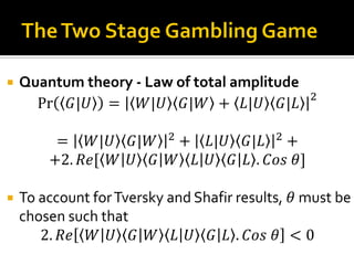  Quantum theory - Law of total amplitude
Pr 𝐺|𝑈 = | 𝑊|𝑈 𝐺|𝑊 + 𝐿|𝑈 𝐺|𝐿 |2
= 𝑊|𝑈 𝐺|𝑊 2
+ 𝐿|𝑈 𝐺|𝐿 2
+
+2. 𝑅𝑒[ 𝑊 𝑈 𝐺 𝑊 𝐿 𝑈 𝐺 𝐿 . 𝐶𝑜𝑠⁡𝜃]
 To account forTversky and Shafir results, 𝜃 must be
chosen such that
2. 𝑅𝑒 𝑊 𝑈 𝐺 𝑊 𝐿 𝑈 𝐺 𝐿 . 𝐶𝑜𝑠⁡𝜃 < 0
 