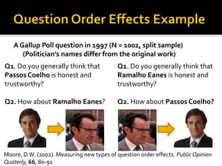 Q1. Do you generally think that
Passos Coelho is honest and
trustworthy?
Q2. How about Ramalho Eanes?
Q1. Do you generally think that
Ramalho Eanes is honest and
trustworthy?
Q2. How about Passos Coelho?
A Gallup Poll question in 1997 (N = 1002, split sample)
(Politician’s names differ from the original work)
Moore, D.W. (2002). Measuring new types of question order effects. Public Opinion
Quaterly, 66, 80-91
 