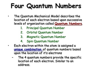 Four Quantum Numbers
•   The Quantum Mechanical Model describes the
    location of each electron based upon successive
    levels of organization called Quantum Numbers.
         1. Principal Quantum Number
         2. Orbital Quantum Number
         3. Magnetic Quantum Number
         4. Spin Quantum Number
•   Each electron within the atom is assigned a
    unique combination of quantum numbers based
    upon the location of it’s electrons
  –    The 4 quantum numbers provide the specific
       location of each electron. Similar to an
       address.
 