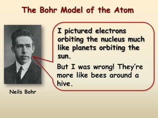 The Bohr Model of the Atom

             I pictured electrons
             orbiting the nucleus much
             like planets orbiting the
             sun.
             But I was wrong! They’re
             more like bees around a
             hive.
Neils Bohr
 