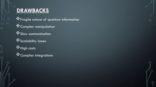DRAWBACKS
Fragile nature of quantum information
Complex manipulation
Slow communication
Scalability issues
High costs
Complex integrations
 