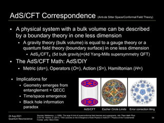24 Aug 2021
Quantum Neuroscience
 A physical system with a bulk volume can be described
by a boundary theory in one less ...
