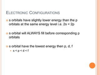 ELECTRONIC CONFIGURATIONS
 s orbitals have slightly lower energy than the p
orbitals at the same energy level i.e. 2s < 2p
 s orbital will ALWAYS fill before corresponding p
orbitals
 s orbital have the lowest energy then p, d, f
 s < p < d < f
 