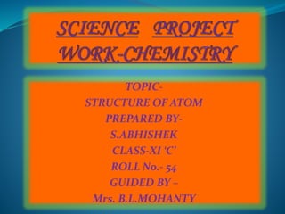 TOPIC-STRUCTURE 
OF ATOM 
PREPARED BY-S. 
ABHISHEK 
CLASS-XI ‘C’ 
ROLL No.- 54 
GUIDED BY – 
Mrs. B.L.MOHANTY 
 