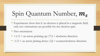 Spin Quantum Number, 𝒎 𝒔
• Experiments show that if an electron is placed in a magnetic field,
only two orientations are possible for the electron spin.
• Two orientation:
• +1/2 = an arrow pointing up ( ↑ ) = clockwise direction
• -1/2 = an arrow pinting down ( ↓) = counterclockwise direction
 