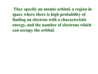 They specify an atomic orbital, a region in
space where there is high probability of
finding an electron with a characteri...