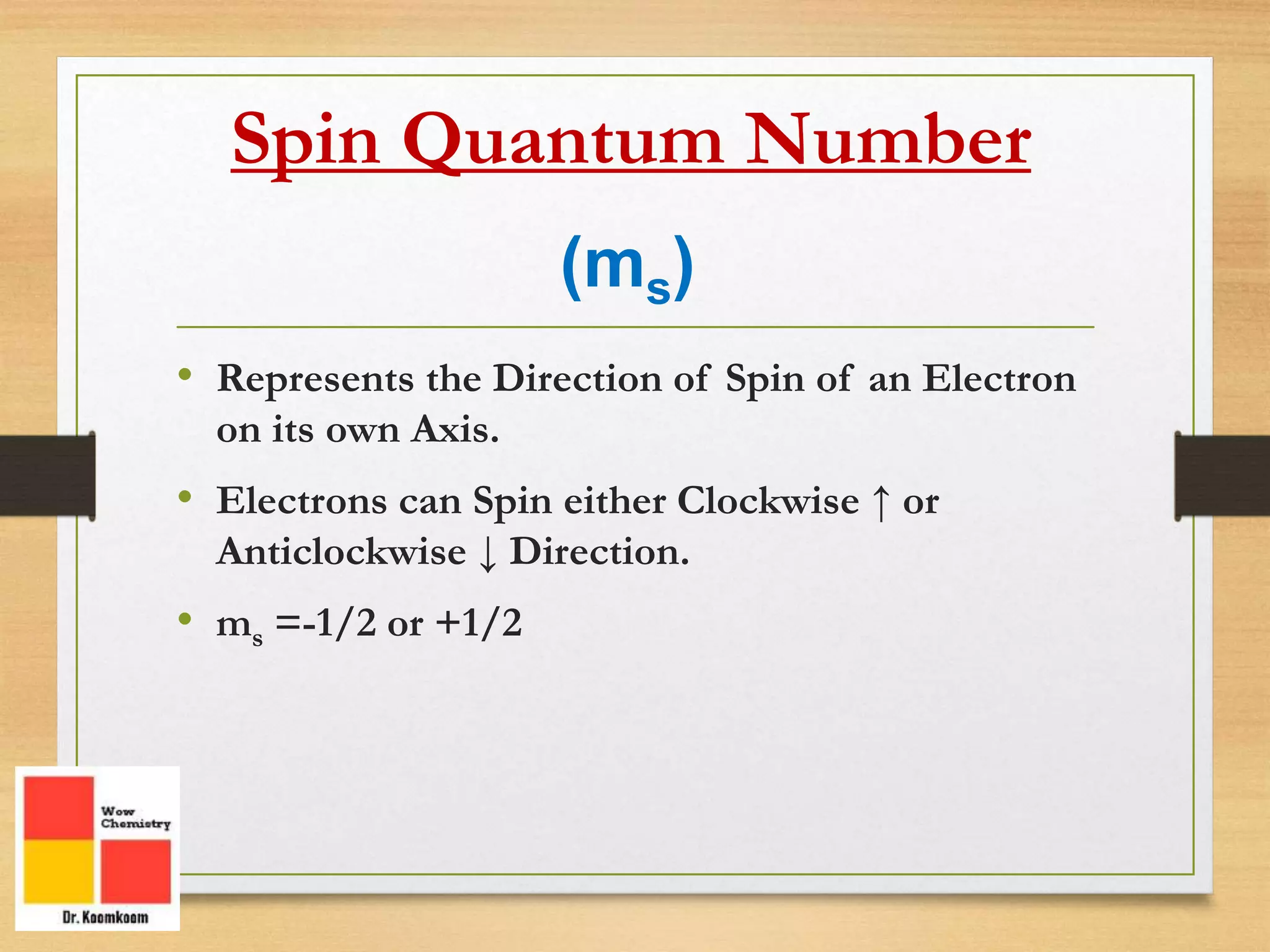 Spin Quantum Number
• Represents the Direction of Spin of an Electron
on its own Axis.
• Electrons can Spin either Clockwise ↑ or
Anticlockwise ↓ Direction.
• ms =-1/2 or +1/2
(ms)
 