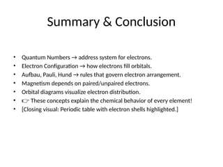 Summary & Conclusion
• Quantum Numbers → address system for electrons.
• Electron Configuration → how electrons fill orbitals.
• Aufbau, Pauli, Hund → rules that govern electron arrangement.
• Magnetism depends on paired/unpaired electrons.
• Orbital diagrams visualize electron distribution.
• 👉 These concepts explain the chemical behavior of every element!
• [Closing visual: Periodic table with electron shells highlighted.]
 