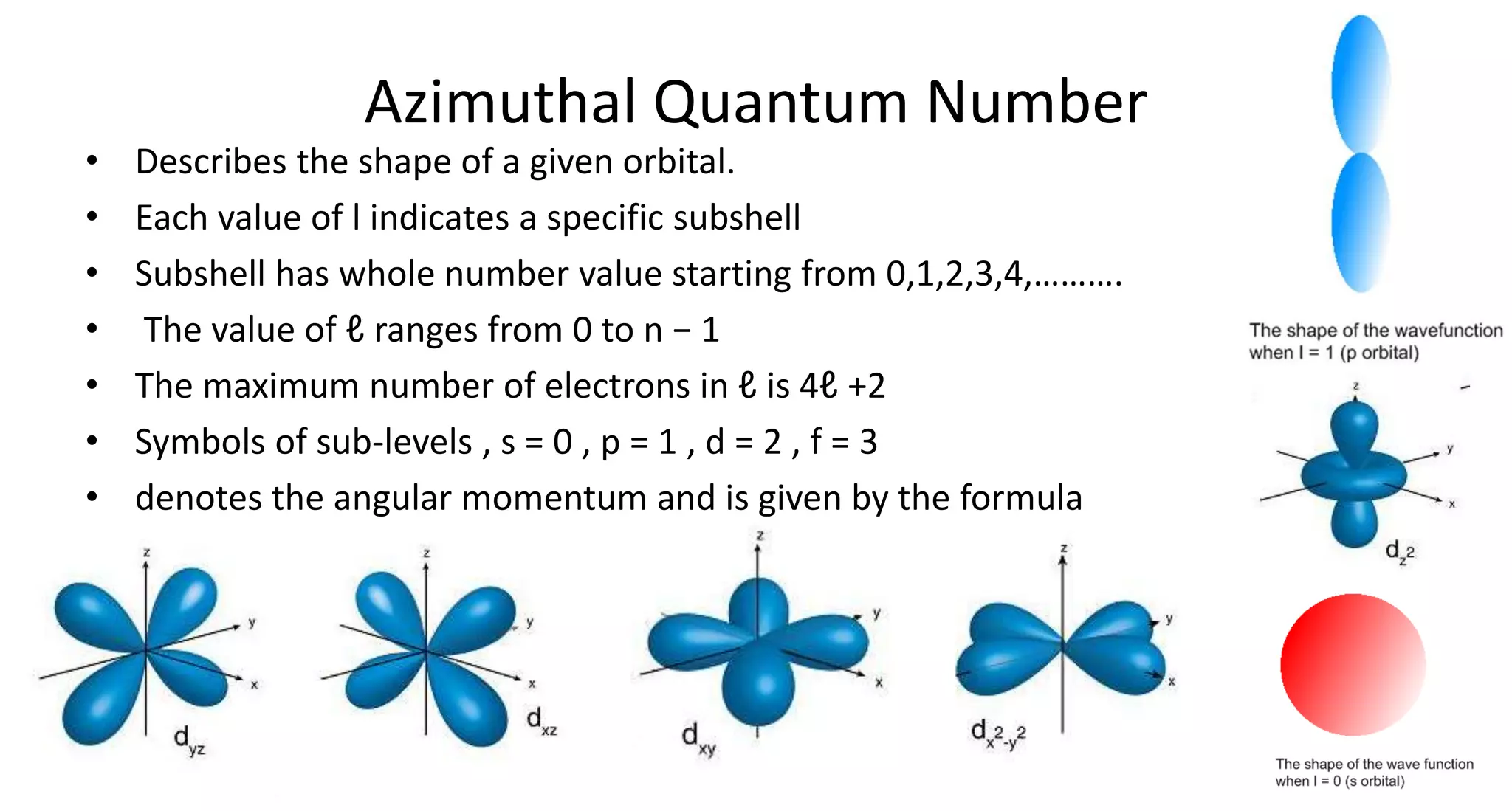 Azimuthal Quantum Number
• Describes the shape of a given orbital.
• Each value of l indicates a specific subshell
• Subshell has whole number value starting from 0,1,2,3,4,……….
• The value of ℓ ranges from 0 to n − 1
• The maximum number of electrons in ℓ is 4ℓ +2
• Symbols of sub-levels , s = 0 , p = 1 , d = 2 , f = 3
• denotes the angular momentum and is given by the formula
 