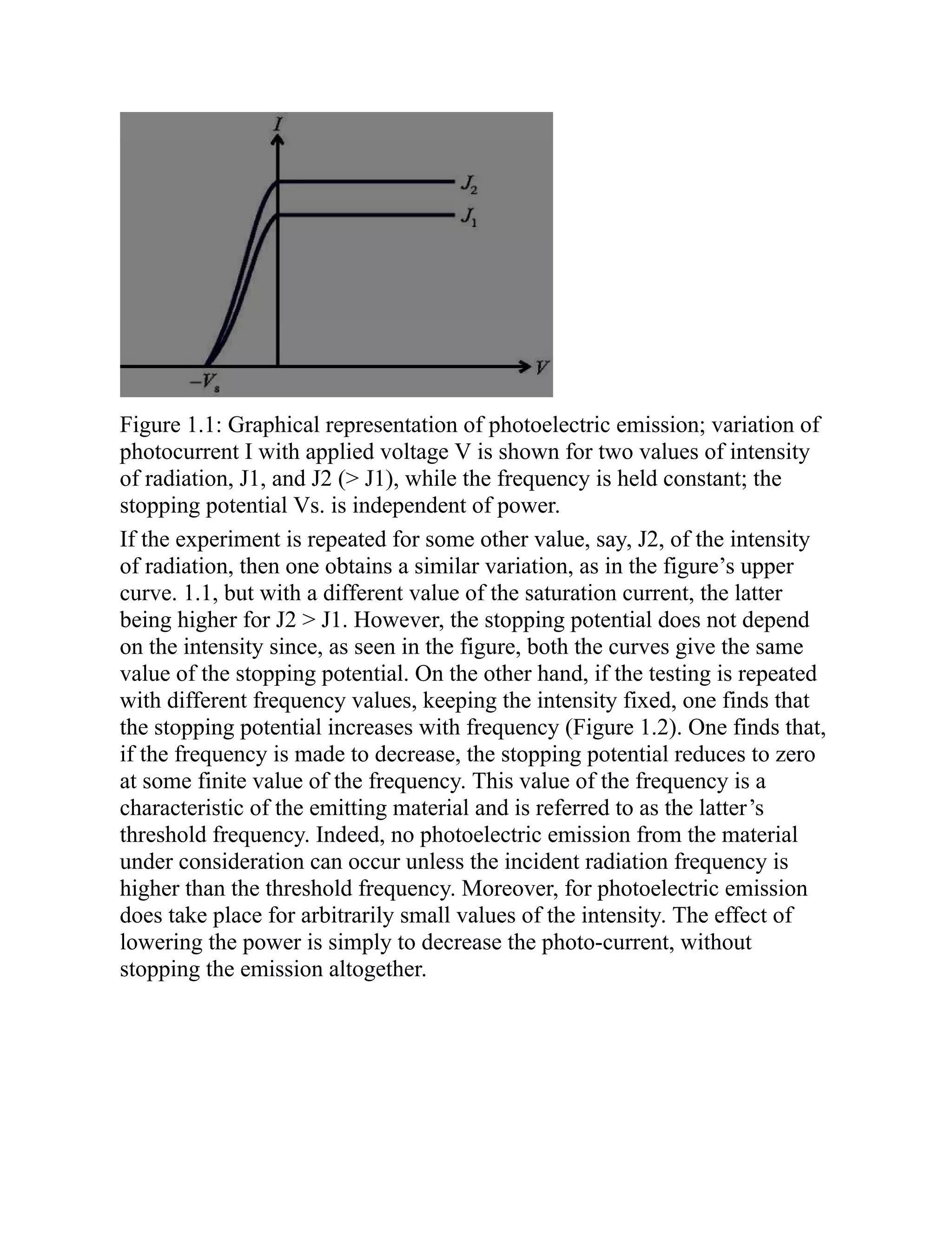 Figure 1.1: Graphical representation of photoelectric emission; variation of
photocurrent I with applied voltage V is shown for two values of intensity
of radiation, J1, and J2 (> J1), while the frequency is held constant; the
stopping potential Vs. is independent of power.
If the experiment is repeated for some other value, say, J2, of the intensity
of radiation, then one obtains a similar variation, as in the figure’s upper
curve. 1.1, but with a different value of the saturation current, the latter
being higher for J2 > J1. However, the stopping potential does not depend
on the intensity since, as seen in the figure, both the curves give the same
value of the stopping potential. On the other hand, if the testing is repeated
with different frequency values, keeping the intensity fixed, one finds that
the stopping potential increases with frequency (Figure 1.2). One finds that,
if the frequency is made to decrease, the stopping potential reduces to zero
at some finite value of the frequency. This value of the frequency is a
characteristic of the emitting material and is referred to as the latter’s
threshold frequency. Indeed, no photoelectric emission from the material
under consideration can occur unless the incident radiation frequency is
higher than the threshold frequency. Moreover, for photoelectric emission
does take place for arbitrarily small values of the intensity. The effect of
lowering the power is simply to decrease the photo-current, without
stopping the emission altogether.
 