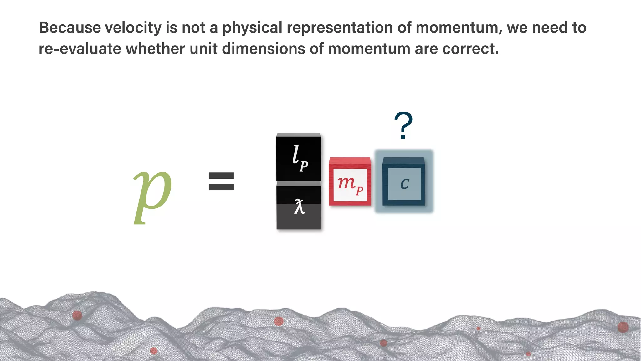 Because velocity is not a physical representation of momentum, we need to
re-evaluate whether unit dimensions of momentum are correct.
?
𝑝𝑝
 