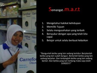 Semangat.m.a.r.t
1.
2.
3.
4.
5.

Mengetahui hakikat kehidupan
Memiliki Tujuan
Selalu mengusahakan yang terbaik
Bersyukur dengan apa yang telah kita
capai
Belajar untuk selalu berbuat kebaikan

“Bangunlah ketika yang lain sedang tertidur. Berjalanlah
ketika yang lain sudah bangun. Berlarilah ketika yang lain
sedang berjalan. Dan terbanglah ketika yang lain sedang
berlari. Dan ketika yang lain terbang maka saya telah
SUKSES!!!”

 