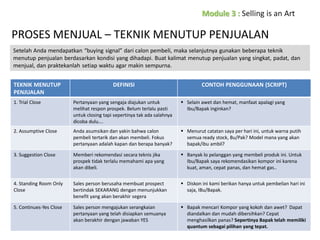 PROSES MENJUAL – TEKNIK MENUTUP PENJUALAN
Setelah Anda mendapatkan “buying signal” dari calon pembeli, maka selanjutnya gunakan beberapa teknik
menutup penjualan berdasarkan kondisi yang dihadapi. Buat kalimat menutup penjualan yang singkat, padat, dan
menjual, dan praktekanlah setiap waktu agar makin sempurna.
TEKNIK MENUTUP
PENJUALAN

DEFINISI

CONTOH PENGGUNAAN (SCRIPT)

1. Trial Close

Pertanyaan yang sengaja diajukan untuk
melihat respon prospek. Belum terlalu pasti
untuk closing tapi sepertinya tak ada salahnya
dicoba dulu….

 Selain awet dan hemat, manfaat apalagi yang
Ibu/Bapak inginkan?

2. Assumptive Close

Anda asumsikan dan yakin bahwa calon
pembeli tertarik dan akan membeli. Fokus
pertanyaan adalah kapan dan berapa banyak?

 Menurut catatan saya per hari ini, untuk warna putih
semua ready stock, Bu/Pak? Model mana yang akan
bapak/ibu ambil?

3. Suggestion Close

Memberi rekomendasi secara teknis jika
prospek tidak terlalu memahami apa yang
akan dibeli.

 Banyak lo pelanggan yang membeli produk ini. Untuk
Ibu/Bapak saya rekomendasikan kompor ini karena
kuat, aman, cepat panas, dan hemat gas..

4. Standing Room Only
Close

Sales person berusaha membuat prospect
bertindak SEKARANG dengan menunjukkan
benefit yang akan berakhir segera

 Diskon ini kami berikan hanya untuk pembelian hari ini
saja, IBu/Bapak.

5. Continues-Yes Close

Sales person mengajukan serangkaian
pertanyaan yang telah disiapkan semuanya
akan berakhir dengan jawaban YES

 Bapak mencari Kompor yang kokoh dan awet? Dapat
diandalkan dan mudah dibersihkan? Cepat
menghasilkan panas? Sepertinya Bapak telah memiliki
quantum sebagai pilihan yang tepat.

 