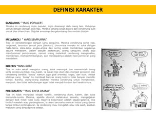 DEFINISI KARAKTER
SANGUINIS “ YANG POPULER”.
Mereka ini cenderung ingin populer, ingin disenangi oleh orang lain. Hidupnya
penuh dengan dengan aktivitas. Mereka senang sekali bicara dan cenderung sulit
untuk bisa dihentikan. Gejolak emosinya bergelombang dan mudah ditebak.

MELANKOLI “ YANG SEMPURNA”.
Tipe ini berseberangan dengan sang sanguinis. Mereka cenderung serba rapi,
terjadwal, tersusun sesuai pola (teratur). Umumnya mereka ini suka dengan
fakta-fakta, data-data, angka-angka dan sering sekali memikirkan segalanya
secara mendalam. Dalam sebuah pertemuan, orang sanguinis selalu saja
mendominasi pembicaraan, namun orang melankoli cenderung menganalisa,
memikirkan, mempertimbangkan, dan mendapatnya adalah hasil pemikiran yang
mendalam.

KOLERIS “YANG KUAT.
Tipe ini suka sekali mengatur orang, suka menunjuk dan memerintah orang
serta cenderung tidak mau kalah. Ia bukan tipe diam dan menjadi penonton dan
cenderung bersifat “bossy” namun juga goal oriented, tegas, dan kuat. Akibat
sifatnya yang `bossy’ itu membuat banyak orang koleris tidak banyak memiliki
teman. Karena, orang-orang disekitar mereka cenderung untuk menghindar,
menjauh, dan tidak berhubungan agar tidak menjadi korban dari karakternya.

PHLEGMATIS “ YANG CINTA DAMAI”
Tipe ini tidak menyukai terjadi konflik, cenderung diam, kalem, dan suka
menunda-nunda. Mereka, apabila disuruh melakukan sesuatu, mengerjakan
dengan baik mesti tidak suka. Baginya kedamaian adalah segala-galanya. Jika
timbul masalah atau pertengkaran, ia akan berusaha mencari solusi yang damai
tanpa timbul pertengkaran. Ia cenderung mau mengalah atau rela sakit, asalkan
masalah yang dihadapinya selesai.

 