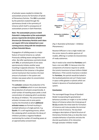 of activator waves needed to initiate the
autocatalytic process for formation of Spirals
of Elementary Particles. This VEV is provided
by the potential created through the
spontaneous break in the symmetry of
Universe which itself is consequence of
autocatalytic process in Dark Potentials.
Note: The autocatalytic process in Dark
Potential is independent of the autocatalytic
process required for formation of Spiral
Structure for Elementary Particles and it does
not require VEV to be initiated but is ever
running process along with the interferences
of Dark Potential Waves.
Propagation of colliding waves is a major
feature of neutral Universe as a whole.
Previously colliding waves extinguishes each
other. But after spontaneous symmetry break
with VEV, an activated point of one wave
spontaneously initiates another wave
travelling in opposite direction. The Overall
Dark Potential of the Universe is the global
control mechanism that monitors the total
amount of activator in the system and
initiates new waves when its concentration
becomes too low.
The activator catalyses the production of its
antagonist inhibitors which in turns decreases
the production of activator proportionally. A
small number of travelling wave yields a small
concentration of catalysing which accelerates
the decay of inhibitors. The concentration of
activator increases and at some points
reaches the threshold at which additional
activator waves are formed resulting in
multiple behaviours of single particle. E.g.
Quarks. It’s a self regulating process, where
the catalysing which accelerates the decay of
inhibitors provides a negative feedback
maintaining the number of travelling waves at
an approximately constant level.
(Fig 3: Illustration of Activator – Inhibition
Phenomenon.)
Reaction Diffusion is not a single model, but
the corner stone of a whole spectrum of
models, differing in numbers & characteristics
of ready substances.
Also it needs to be noted that Fermions can’t
have a non-zero VEV. It’s because since the
components of Universe requires to satisfy
the Lorentz Invariance to have Uniform Global
Behaviours. If the Lorentz Invariance is broken
for Fermions, the particle would be locked in
the localised potential and can’t freely travel
in space unlike galaxies or planets which are
locked in dynamics of localised potential
system.
Conclusion:
The rearranged Gauge Group of Standard
Model incorporating the gravitational
behaviour provides an insight in to the Unified
Nature of Universe where the trivial group of
SU (1) provides the initial state for Formation
of Universe and it also provides the terminal
state for End of Universe. The Sea Shell
analogous descriptions of Spiral Structure of
Elementary Particles help us to describe more
complex behaviour of particles and also the
discrete quantization of its interaction
through activator-inhibitor model.
 