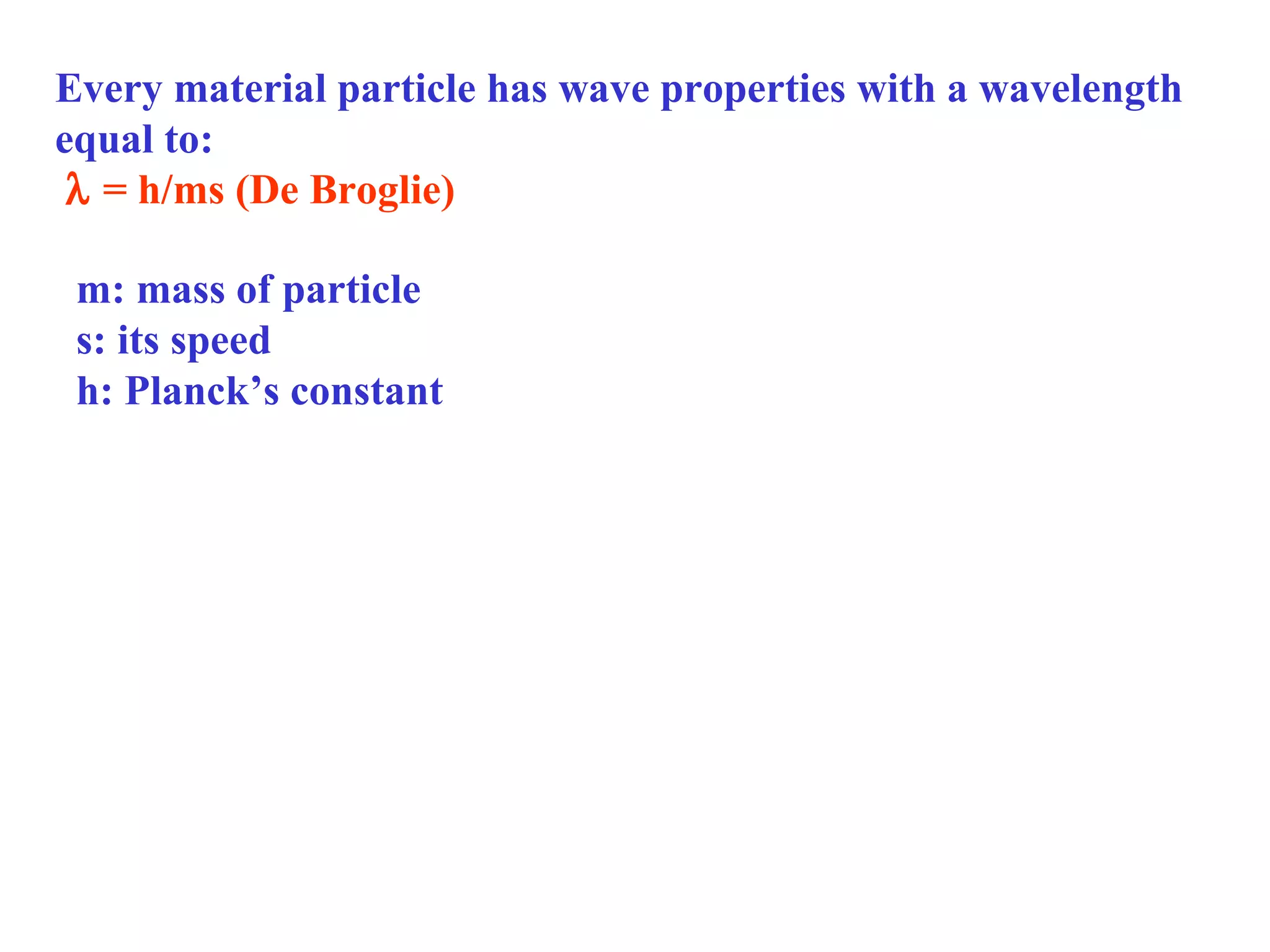 Every material particle has wave properties with a wavelength
equal to:
λ = h/ms (De Broglie)
m: mass of particle
s: its speed
h: Planck’s constant

 