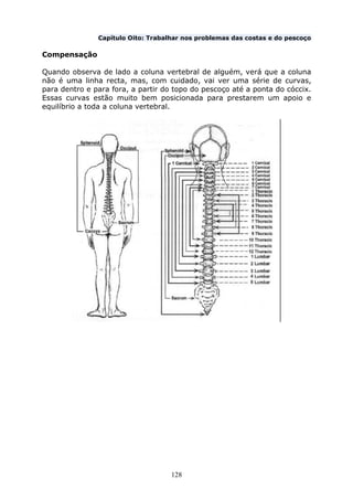 128
Capítulo Oito: Trabalhar nos problemas das costas e do pescoço
Compensação
Quando observa de lado a coluna vertebral de alguém, verá que a coluna
não é uma linha recta, mas, com cuidado, vai ver uma série de curvas,
para dentro e para fora, a partir do topo do pescoço até a ponta do cóccix.
Essas curvas estão muito bem posicionada para prestarem um apoio e
equilíbrio a toda a coluna vertebral.
 