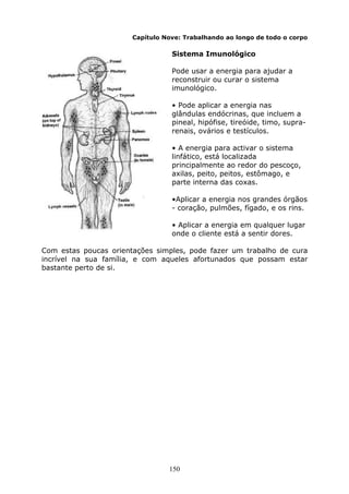 150
Capítulo Nove: Trabalhando ao longo de todo o corpo
Sistema Imunológico
Pode usar a energia para ajudar a
reconstruir ou curar o sistema
imunológico.
• Pode aplicar a energia nas
glândulas endócrinas, que incluem a
pineal, hipófise, tireóide, timo, supra-
renais, ovários e testículos.
• A energia para activar o sistema
linfático, está localizada
principalmente ao redor do pescoço,
axilas, peito, peitos, estômago, e
parte interna das coxas.
•Aplicar a energia nos grandes órgãos
- coração, pulmões, fígado, e os rins.
• Aplicar a energia em qualquer lugar
onde o cliente está a sentir dores.
Com estas poucas orientações simples, pode fazer um trabalho de cura
incrível na sua família, e com aqueles afortunados que possam estar
bastante perto de si.
 