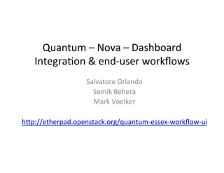 Quantum	
  –	
  Nova	
  –	
  Dashboard	
  
    Integra5on	
  &	
  end-­‐user	
  workﬂows	
  
                  Salvatore	
  Orlando	
  
                    Somik	
  Behera	
  
                     Mark	
  Voelker	
  
                             	
  
hBp://etherpad.openstack.org/quantum-­‐essex-­‐workﬂow-­‐ui	
  
 