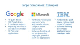 Large Companies: Examples
• Hardware: “topological
approach” with
Majorana fermions -
Long run before
applications
• Software: building ad-
hoc programming
languages, potential
short run applications
• 49 qubit device
• 100 People team
• 2 Hardware projects
• Exploring both circuit
and adiabatic models
• 10 Potential
applications
• Hardware: 17 qubit
device + strong track
record of reserach
• Software: building
cloud / saas
applications and
developer tools
 