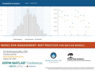 MODEL RISK MANAGEMENT: BEST PRACTICES FOR MATLAB MODELS
Information, data and drawings embodied in this presentation are strictly confidential and are supplied on the understanding that
they will be held confidentially and not disclosed to third parties without the prior written consent of QuantUniversity LLC.
Sri Krishnamurthy, CFA
Founder and CEO
www.QuantUniversity.com
August 14th 2016
 