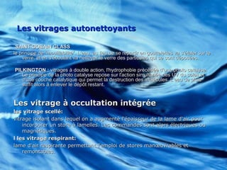 LesLes vitragesvitrages autonettoyantsautonettoyants
SAINT GOBAIN GLASSSAINT GOBAIN GLASS
le principe de “mouillabilité”. L'eau, au lieu de se répartir en gouttelettes va s'étaler sur lele principe de “mouillabilité”. L'eau, au lieu de se répartir en gouttelettes va s'étaler sur le
verre, et en s'écoulant va nettoyer le verre des particules qui se sont déposées.verre, et en s'écoulant va nettoyer le verre des particules qui se sont déposées.
PILKINGTON :PILKINGTON : vitrages à double action, l'hydrophobie précédée d'une photo catalyse.vitrages à double action, l'hydrophobie précédée d'une photo catalyse.
Le principe de la photo catalyse repose sur l'action simultanée des UV du soleil etLe principe de la photo catalyse repose sur l'action simultanée des UV du soleil et
d'une couche catalytique qui permet la destruction des molécules. L'eau de pluied'une couche catalytique qui permet la destruction des molécules. L'eau de pluie
suffit alors à enlever le dépôt restant.suffit alors à enlever le dépôt restant.
Les vitrage à occultation intégréeLes vitrage à occultation intégrée
les vitrage scellé:les vitrage scellé:
vitrage isolant dans lequel on a augmenté l'épaisseur de la lame d'air pourvitrage isolant dans lequel on a augmenté l'épaisseur de la lame d'air pour
incorporer un store à lamelles. Les commandes sont alors électriques ouincorporer un store à lamelles. Les commandes sont alors électriques ou
magnétiques.magnétiques.
l les vitrage respirant:l les vitrage respirant:
lame d'air respirante permettant l'emploi de stores manœuvrables etlame d'air respirante permettant l'emploi de stores manœuvrables et
remontables.remontables.
 