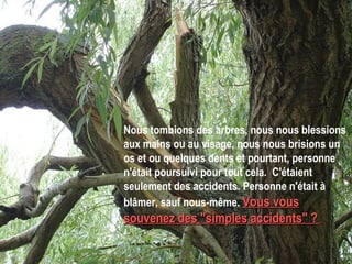Nous tombions des arbres, nous nous blessions aux mains ou au visage, nous nous brisions un os et ou quelques dents et pourtant, personne n'était poursuivi pour tout cela.  C'étaient seulement des accidents. Personne n'était à blâmer, sauf nous-même.  Vous vous souvenez des "simples accidents" ?   