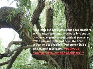 Nous tombions des arbres, nous nous blessions aux mains ou au visage, nous nous brisions un os et ou quelques dents et pourtant, personne n'était poursuivi pour tout cela.  C'étaient seulement des accidents. Personne n'était à blâmer, sauf nous-même.  Vous vous souvenez des "simples accidents" ?   