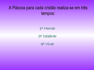 A Páscoa para cada cristão realiza-se em três tempos: 1º Morrer 2º Celebrar 3º Viver 