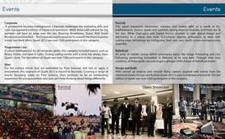 Events
Corporate
Aprospectivebusinessbattleground,Corporatechallengesthemarketingskillsand
crisismanagementinstinctsoffutureentrepreneurs.Whilethosewithaknackforbig
numberswillhaveanedgeovertherest,BluechipBreakdown,Quest,WallStreet
RevolutionandIntellect–theCorporateevents-promisetounearththefinestbusiness
mindsGen-Nextoffers.Quark2012sawover1500participantsinthiscategory.
Programmer’sInc.Programmer’sInc.
Avirtualbattlegroundforallcomputergeeks,thiscategoryincludedeventssuchas
BinaryPiratesandGeekNLatin.Testingcodingmettlewithatwisthasalwaysbeen
Quark’sforte.ThelasteditionofQuarksawover1500participantsinthiscategory.
Elixir
ForForthecuriousmindsthatareenthralledbyPureSciencesanditchtoapplyit
everywhere;thissegmentofQuark2013isboundtofascinate.Coveringarangeof
eventsfocussingsolelyonPureScience,Elixirpromisestobeanexhilarating
experienceforyoungscientistswhojustcan’thelpthinkingaboutthingsdifferently.
Electrify
ThisThispaneltransportselectronics’maniacsand codersaliketo aworld ofICs,
motherboards,Zeners,sparksandswitches,daringthemtoinnovateandthinkoutof
thebox.WhileDigiLogicaandDigitalInciscopromisetotakedigitaldesignand
electronicstoawholenew level,Q-Contactorequiresenthusiaststoworkwith
cutting-edgetechnologybyconfiguringtheirveryowntouchscreen-microprocessor
assembly.
Roboficial
AnAnarrayofroboticeventswhichencompasstopicslikeImageProcessingandLine
Following,presentinginnovationinRoboticsatitsverybest.Throughtheirown
creations,allRobo-geeksaresuretogetaglimpseofthefutureatRoboficialevents.
DesignandBuild
Withrevvedupenginesandsmoothflyingcopterscoupledwitheventsfrom the
Chemicalstream,DesignandBuildatQuark2012issuretoentertainoneandall.Thelast
editionofQuarksawover2500participantsinthiscategory.
Events
Auditorium Burnout
BITSMUN
OpenShowcase RoboKombat
robocial
modelunitednations
designandbuildoneofthelargestofitskind
 