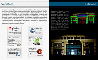 3-DMapping
Tofosterinnovation,Quarkprovidesaseriesofworkshopswherethecuriouscanget
theirhandsdirtyandunderstandthequintessenceofrealworldchallenges.Catering
todiversefields,aprofligacyofworkshopsbeforeandduringthefestensuresthat
thereisneveradullmomentforthosewhowishtotrytheirhandatsomethingnew.
Quark'11and’12organizedworkshopson‘DevelopmentofApplicationsonWin7’by
Microsoft,’ParallelComputingArchitecture’byNvidiaand‘AndroidAppDevelopment’
byRobotechlabs;allofwhichreceivedravereviewsfromattendees.Workshopson
‘Underwater‘UnderwaterRobotics’,‘EthicalHacking’and‘RemoteControlledCars’wereconducted
asPre-Quarkevents,witnessedhighlevelsofon-campusparticipation.Someofthe
workshopsconductedinthepastinclude:
Quark2012amazed a2000
strong crowd with a
breathtaking display of 3-D
Mapping projection on the
central B-Dome of BITS,
Pilani-K.K.Birla Goa campus.
Preceded only by a similar
displaydisplay by the Ministry of
TourismatDelhi’sIndiaGate,the
showwasthefirstofitskindin
Goa.The technology forthe
Animationshow wasprovided
byDreamPointAnimations.
Workshops
appdevelopment
bymicrosoft
LineFollower
Robotics
Workshopby
GreyOrange
Robotics
PSocWorkshop
by
CUDAworkshop
by
androidapplication
developmentworkshop
by
analytics
workshop
by
 