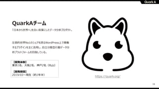 16
QuarkAチーム
「⽇本から世界へ」を合い⾔葉にしたデータ分析プロダクト。
圧倒的世界No1のシェアを誇るWordPress上で稼働
するプラグインを主に活⽤し、⾃⽴分散型⾏動データ分
析プラットフォームを⽬指している。
【開発体制】
東京1名、⼤阪2名、神⼾2名（丸⼭）
【開発期間】
2019/03〜現在（約1年半）
https://quark.org/
 