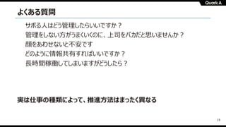 19
よくある質問
実は仕事の種類によって、推進⽅法はまったく異なる
サボる⼈はどう管理したらいいですか︖
管理をしない⽅がうまくいくのに、上司をバカだと思いませんか︖
顔をあわせないと不安です
どのように情報共有すればいいですか︖
⻑時間稼働してしまいますがどうしたら︖
 