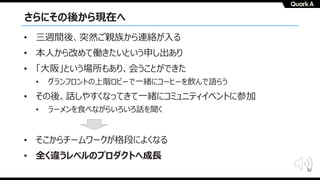 32
さらにその後から現在へ
• 三週間後、突然ご親族から連絡が⼊る
• 本⼈から改めて働きたいという申し出あり
• 「⼤阪」という場所もあり、会うことができた
• グランフロントの上階ロビーで⼀緒にコーヒーを飲んで語らう
• その後、話しやすくなってきて⼀緒にコミュニティイベントに参加
• ラーメンを⾷べながらいろいろ話を聞く
• そこからチームワークが格段によくなる
• 全く違うレベルのプロダクトへ成⻑
 