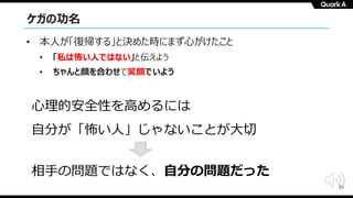 35
ケガの功名
• 本⼈が「復帰する」と決めた時にまず⼼がけたこと
• 「私は怖い⼈ではない」と伝えよう
• ちゃんと顔を合わせて笑顔でいよう
⼼理的安全性を⾼めるには
⾃分が「怖い⼈」じゃないことが⼤切
相⼿の問題ではなく、⾃分の問題だった
 