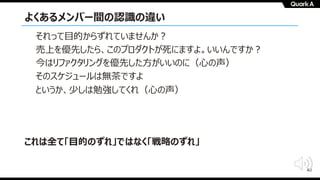 40
よくあるメンバー間の認識の違い
これは全て「⽬的のずれ」ではなく「戦略のずれ」
それって⽬的からずれていませんか︖
売上を優先したら、このプロダクトが死にますよ。いいんですか︖
今はリファクタリングを優先した⽅がいいのに（⼼の声）
そのスケジュールは無茶ですよ
というか、少しは勉強してくれ（⼼の声）
 