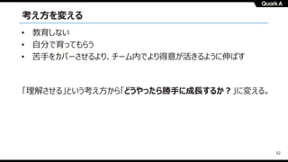 52
考え⽅を変える
「理解させる」という考え⽅から「どうやったら勝⼿に成⻑するか︖」に変える。
• 教育しない
• ⾃分で育ってもらう
• 苦⼿をカバーさせるより、チーム内でより得意が活きるように伸ばす
 