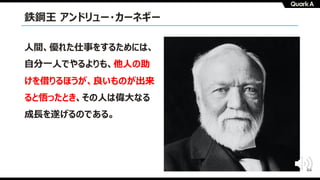 64
鉄鋼王 アンドリュー・カーネギー
⼈間、優れた仕事をするためには、
⾃分⼀⼈でやるよりも、他⼈の助
けを借りるほうが、良いものが出来
ると悟ったとき、その⼈は偉⼤なる
成⻑を遂げるのである。
 