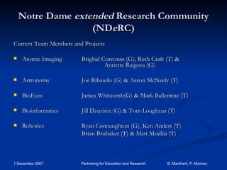 Notre Dame  extended  Research Community (ND e RC) Current Team Members and Projects Atomic Imaging  Brighid Corcoran (G), Ruth Craft (T) &  Annette Raigoza (G) Astronomy Joe Ribaudo (G) & Aaron McNeely (T) BioEyes James Whitcomb(G) & Mark Ballentine (T) Bioinformatics  Jill Dzurisin (G) & Tom Loughran (T) Robotics Ryan Connaughton (G), Ken Andert (T) Brian Brubaker (T) & Matt Modlin (T) 
