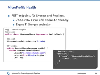 MicroProfile Health
REST endpoints für Liveness und Readiness
/health/live und /health/ready
Eigene Prüfungen ergänzbar
Microprofile-Anwendungen mit Quarkus 13gedoplan.de
@ApplicationScoped
@Liveness
public class LivenessCheck implements HealthCheck {
@Inject
LivenessSimulationService liveSvc;
@Override
public HealthCheckResponse call() {
return HealthCheckResponse
.named("livenessSimulation")
.state(this.liveSrv.isLive())
.build();
{ "status": "UP",
"checks": [
{ "name": "livenessSimulation",
"status": "UP"
}
]
}
 