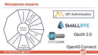 NEW PROFESSIONAL JAVA EVENT KYIV, 2020
Microservice concerns
JWT Authentication
Oauth 2.0
OpenID Connect
Deployment
Config...