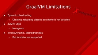 GraalVM Limitations
● Dynamic classloading
○ Creating, reloading classes at runtime is not possible
● JVMTI, JMX
○ No agents
● InvokeDynamic, MethodHandles
○ But lambdas are supported
 