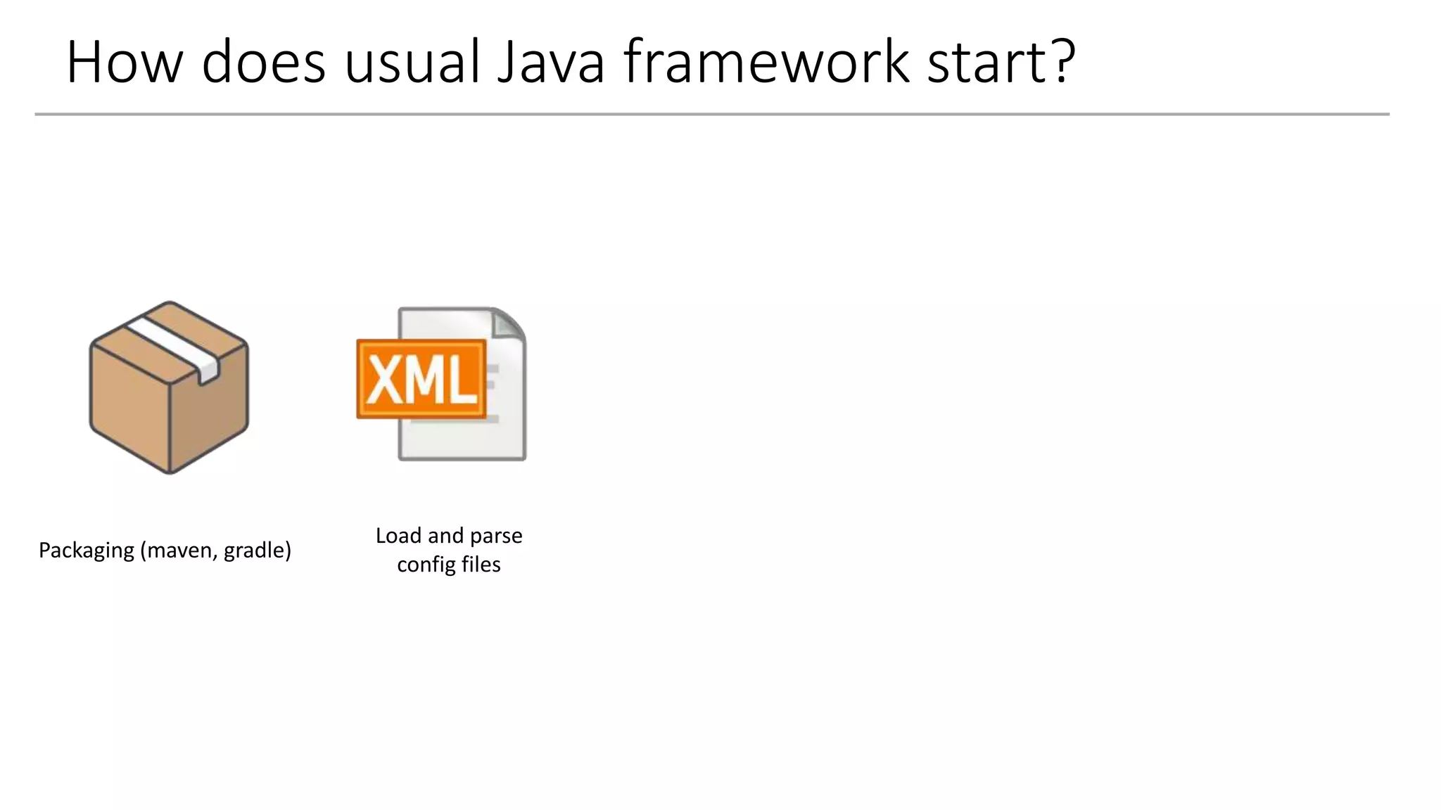 How does usual Java framework start?
Packaging (maven, gradle)
Load and parse
config files
 
