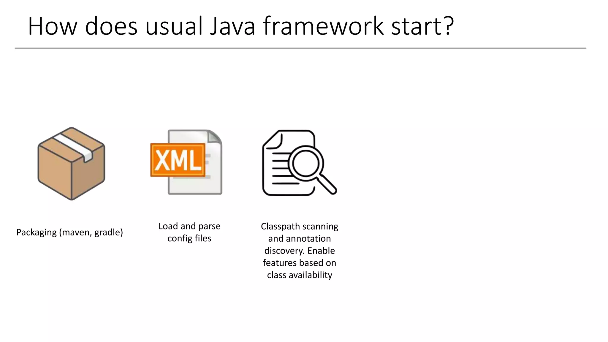 How does usual Java framework start?
Packaging (maven, gradle)
Load and parse
config files
Classpath scanning
and annotation
discovery. Enable
features based on
class availability
 