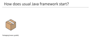 How does usual Java framework start?
Packaging (maven, gradle)
 