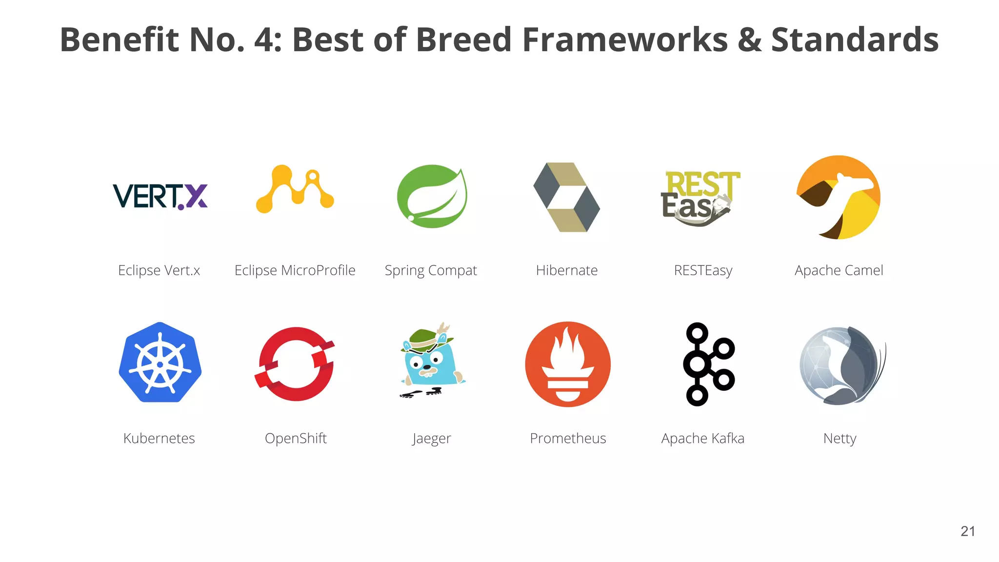 21
Beneﬁt No. 4: Best of Breed Frameworks & Standards
 