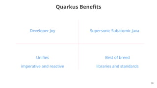 39
Developer Joy
Quarkus Beneﬁts
Supersonic Subatomic Java
Uniﬁes
imperative and reactive
Best of breed
libraries and standards
 