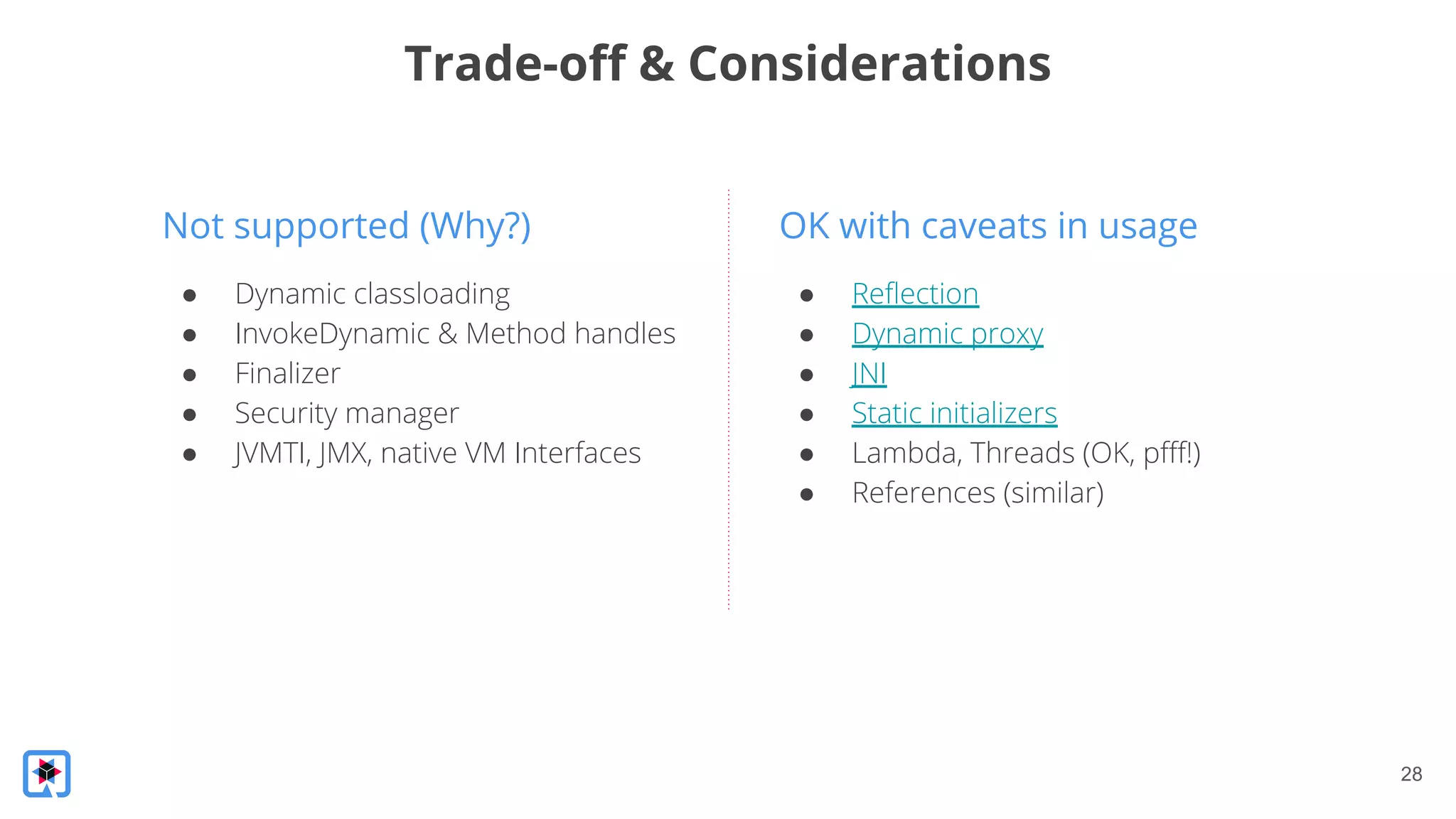 28
Not supported (Why?)
Trade-oﬀ & Considerations
● Dynamic classloading
● InvokeDynamic & Method handles
● Finalizer
● Security manager
● JVMTI, JMX, native VM Interfaces
OK with caveats in usage
● Reﬂection
● Dynamic proxy
● JNI
● Static initializers
● Lambda, Threads (OK, pﬀf!)
● References (similar)
 